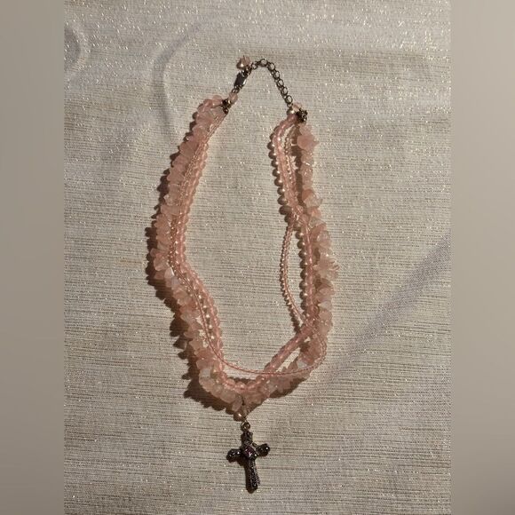 Three Strand Pink Beaded Cross Necklace - Picture 1 of 5